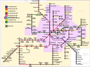 끌랑밸리 급행철도 지도, 노란색 영역은 셀랑고르 주에 있는 역