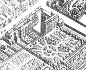 1739년 튀르고의 파리 지도에 나타난 파리 외방전교회와 부속 공원(세부)