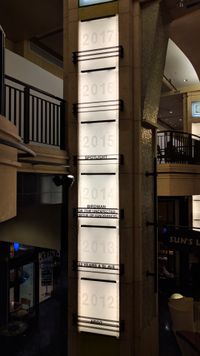 2016년 촬영된 사진. 아르데코 양식 기둥에는 2012년부터 2015년까지 아카데미 작품상 수상작들이 표시되어 있으며, 2016년과 2017년 수상작을 위한 공간은 비어 있다.