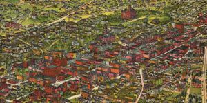 1894년 당시의 빅토리아 시대 로스앤젤레스 도심(Victorian Downtown Los Angeles) 그림. 현재 시빅 센터 지역의 동쪽 절반에 해당한다.