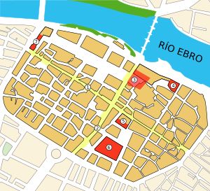 로마 시대 카이사라우구스타 (1. 데쿠마누스; 2. 카르도; 3. 포룸; 4. 항구; 5. 온천; 6. 극장; 7. 성벽)