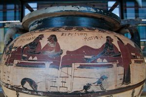 카에레에서 발견된 그리스 양식의 도자기 그림. 에우리토스와 헤라클레스의 심포지엄 장면. '에우리토스 크라테르'라고 불리는 코린트 양식의 크라테르, 기원전 600년경