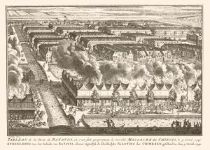 사건 당시 바타비아 시가지를 그린 조감도. 규칙적으로 가옥이 늘어선 시가지에서 앞쪽 운하를 따라 늘어선 집에서는 불길과 연기가 뿜어져 나오고, 길에는 무기를 들고 덤벼드는 사람들과 도망치는 사람들, 쓰러져 움직이지 않는 사람들 등 학살의 모습이 그려져 있다.