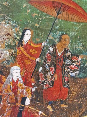 『醍醐花見図屏風』（중요문화재, 국립역사민족박물관 소장）에 그려진 도요토미 히데요시와 기타노만쇼.