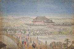 마루야마 오쿄의 작품 「고조 다리 대불전 조망도」. 고조 대교와 호코지 대불전・니오몬을 그린 것이지만, 니오몬 오른쪽에 귀무덤도 그려져 있다.