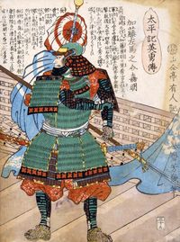 가토 요시아키, 아와지 수군을 이끌고 일본 수군의 부장 주자로서 각지에서 역전했다.(요시이쿠작 『타이헤이키 에에유덴 산주큐』)