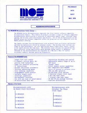 1976년 5월 데이터시트에는 1975년 8월 버전에 있던 6501 마이크로프로세서가 누락되었습니다.