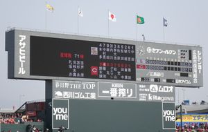 2018년까지 사용된 스코어보드. 구 시민구장의 2배 크기(가로 23.4m)의 대형 비전을 갖추고 있었다.