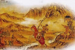 공산 전투에서 (신숭겸 장군(우측에 선 이)과 태조 왕건(오른쪽에서 두 번째 앉은 이))