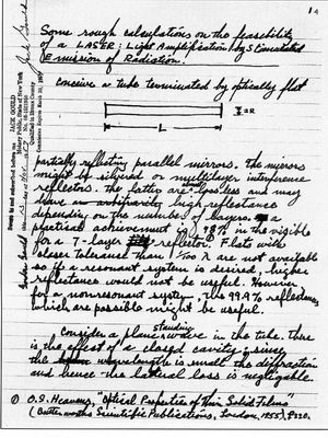 레이저 노트북: 고든 고울드가 레이저라는 약어를 만들고 레이저 제작 요소를 설명한 노트북 첫 페이지.