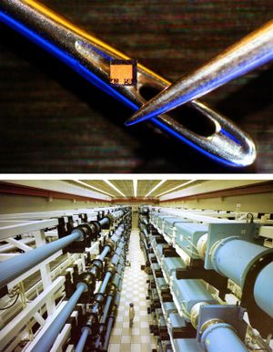 레이저는 미세한 다이오드 레이저(위)부터 관성 가둠 핵융합, 핵무기 연구 등에 사용되는 축구장 크기의 네오디뮴 유리 레이저(아래)까지 크기가 매우 다양하다.