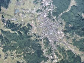 오다시 시가지 중심부 주변 항공사진.1976년 10월 7일 촬영한 6장을 합성하여 제작. 국토교통성 국토지리원 [https://mapps.gsi.go.jp/ 지도·항공사진 열람 서비스]의 항공사진을 바탕으로 제작.