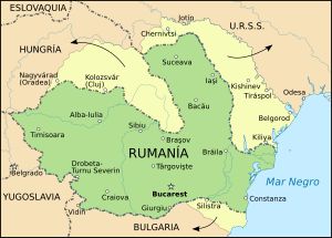 1940년 루마니아의 영토 손실, 헝가리 왕국(1920–1946)(Kingdom of Hungary (1920–1946))에 할양된 트란실바니아 북부(Northern Transylvania) 표시. 이 지역은 제2차 세계 대전(World War II) 후 루마니아에 반환되었다.