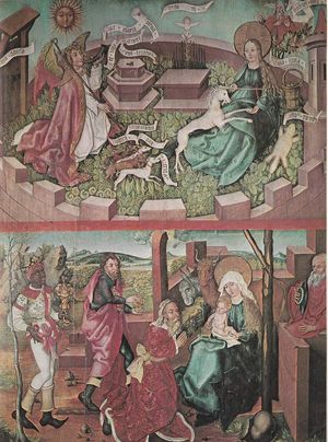 수태고지와 유니콘 및 동방박사 경배 부흘 제단화에서, 약 1495년