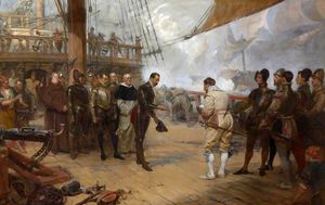 1588년 무적함대 공격 중 리벤지호에서 페드로 데 발데스 제독이 프랜시스 드레이크에게 칼을 항복하는 모습. 존 세이무어 루카스(1889년)의 유화.