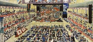 }}. 우타가와 토요쿠니 3세의 삼연작 목판화.