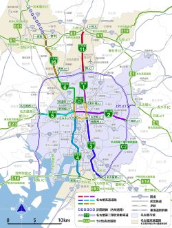 나고야 고속도로와 주변 유료도로 및 주요 국도 노선도