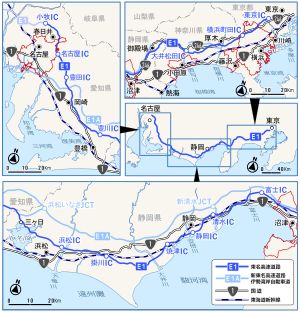 도쿄 기점에서 누마즈까지는 내륙을 통과하여 국도 246호선과 대체로 평행하게 달린다. 도카이도 신칸센과의 경쟁은 가능한 한 피하도록 하였다. 특히 아타미, 하마나코 부근에서는 차이가 매우 크다. 단, 시즈오카현에서는 도카이도 신칸센과 6곳에서 교차한다. 아이치현에서는 내륙을 통과하며, 오카자키 부근을 제외하고는 국도 1호선에서 크게 벗어나 코마키에 이른다. 붉은색 테두리의 도시는 중심부 통과를 피했다.