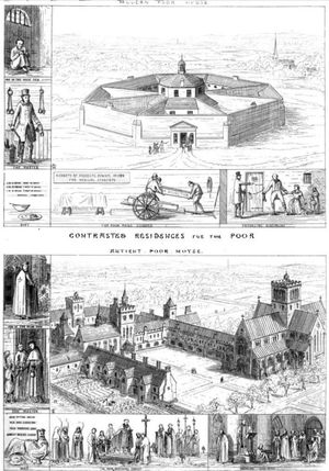 어거스터스 퍼긴(Augustus Pugin)의 Contrasted Residences for the Poor (1836). 그는 켐프손의 육각형 디자인을 비판했다.