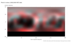 다양한 색상과 알베도를 보여주는 허블 우주 망원경의 명왕성 표면 지도.