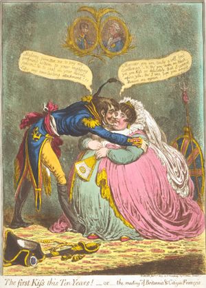 1803년 작품 The first Kiss this Ten Years! —or—the meeting of Britannia & Citizen François에서 제임스 길레이(James Gillray)는 프랑스와 영국의 평화를 풍자적으로 그렸다.
