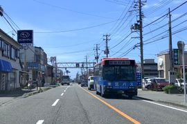 공항도리를 달리는 시내버스(좌)와 구(区) 버스(우)(2020년 5월)