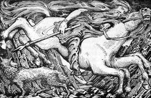 오딘(Odin)이 궁니르(Gungnir) 창을 들고 헬로 향하는 모습