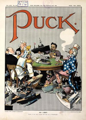 1909년 퍽 잡지에 실린 만화. 미국, 독일, 영국, 프랑스, 일본이 '무제한' 게임에서 해군 경쟁을 벌이는 모습을 보여준다.