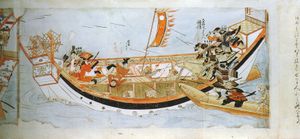 13세기 일본 사무라이가 몽골 함선을 공격하는 모습