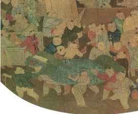 소한천(苏汉臣)의 「백자희춘도(百子嬉春图页)」에서 아이들이 사자춤을 추는 모습을 보여주는 세부 묘사. 송나라 그림