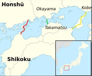 녹색: 세토대교노란색: 고베-아와지-나루토 고속도로빨간색: 니시세토 고속도로