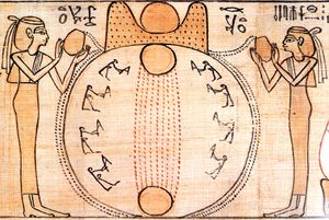 여신들이 창조의 둥근 언덕 주변으로 원시의 물을 쏟아붓고 태양이 떠오르다