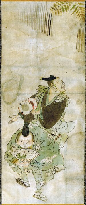 19세기 일본화(작자 미상). 정월 축하회에서 만세(萬歳)를 선보이는 2인조를 그린 그림.