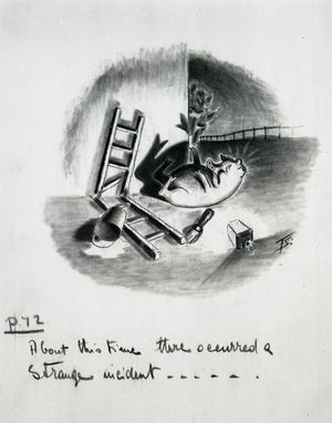 스퀼러가 7계명이 적혀 있는 큰 헛간 벽 아래에 뻗어 있는 모습 (8장) – 노먼 펫(Norman Pett)과 도널드 프리먼(Donald Freeman)이 1950년에 제작한 만화 연재물의 예비 그림