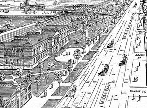 1893년 시카고 미술관 스케치. 당시 그랜트 공원 대부분은 미시간 호수였으며, 미술관 뒤편 해안선을 따라 철도가 지나갔다.