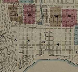 1887년 뉴올리언스 샌본 화재보험 지도에 표시된 스토리빌 지역은 63번으로 표시된 분홍색 구역이다.