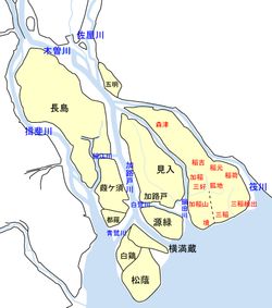 기소 삼천 분류 공사 이전의 기소강 하구부 상황. 흑자는 린중의 명칭 (양국 린중에 대해서는 주요한 촌명).