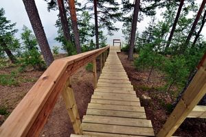 핀란드 이소-멜쿠틴(Iso-Melkutin) 호숫가의 나무 계단