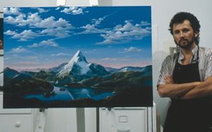 파라마운트 스튜디오의 75주년을 기념하기 위해 로고를 재디자인해 만든 자신의 그림 작품 앞에 서 있는 다리오 캄파닐레. 무성 영화 시절 이래 파라 마운트의 로고는 눈 덮인 산과 정상을 감싸는 원형의 별이였으며 이 그림은 로고 애니메이션을 위한 소스로 사용된다. 원본은 파라마운트 스튜디오에 전시되어 있다.