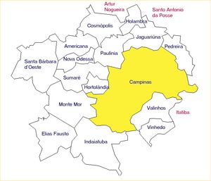 캄피나스 행정 소구역. 붉은색으로 표시된 외곽 시는 캄피나스 광역권에도 포함된다.