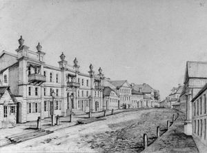 1860년대 나폴레옹 오르다의 그림에 나타난 그로드노. 왼쪽에는 1월 봉기 당시 지하 폴란드 그로드노 주의 당국이 있었다.