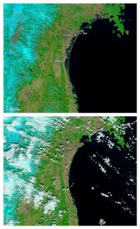 센다이만 주변 해안선의 변화（상）침수 후 (3월 12일)（하）침수 전 (2월 26일)