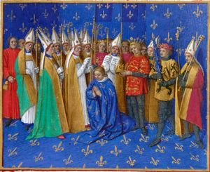필리프 2세의 대관식에서 검을 든 필립 백작(오른쪽에서 두 번째). 플랑드르 백작은 프랑스 국왕의 12명의 고대 귀족 중 한 명이었다. (장 푸케의 1455년 판화).
