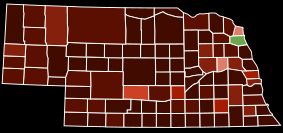 2020년 미국 인구 조사 기준 네브래스카주 각 군의 인종별 다수 구성 비율. 범례: 비히스패닉 백인 (분홍~갈색 계열: 40% ~ 90% 이상), 아메리카 원주민 (녹색 계열: 60–70%)
