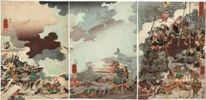 야마모토 간스케 장군의 죽음, 우타가와 쿠니요시(1847-48년)의 목판화. 부상을 입고 자신의 전략이 실패했다고 믿은 간스케는 근처 언덕으로 은퇴하여 자결했다.