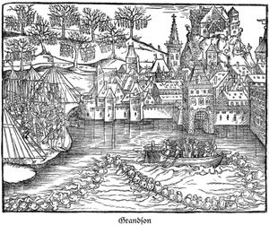 요한 슈툼프가 묘사한 그랑송 공성전과 스위스 수비대의 처형 (1548년)