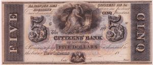 1850년대 루이지애나 시민은행에서 발행한 5달러 지폐