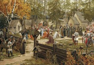 라도네시의 세르기우스가 쿨리코보 전투 이전에 트리니티 세르기우스 라브라에서 드미트리 돈스코이에게 축복하는 모습, 에른스트 리스너의 그림