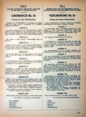 1946년 11월 22일 영국군정이 1946년 11월 1일을 소급하여 니더작센 주(Lower Saxony)를 설립한 55호 법령
