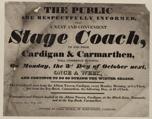 1831년 서웨일스의 새로운 우편 마차 서비스를 광고하는 공지